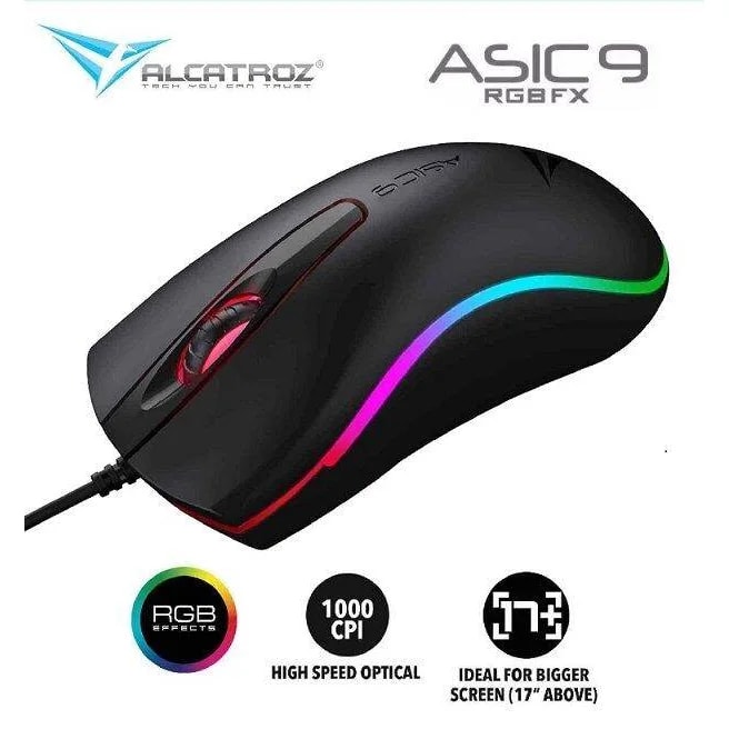Asic 9 RGB -ALAMBRICOS Ratón óptico de alta resolución, Efecto de luz RGB FX, Interruptores