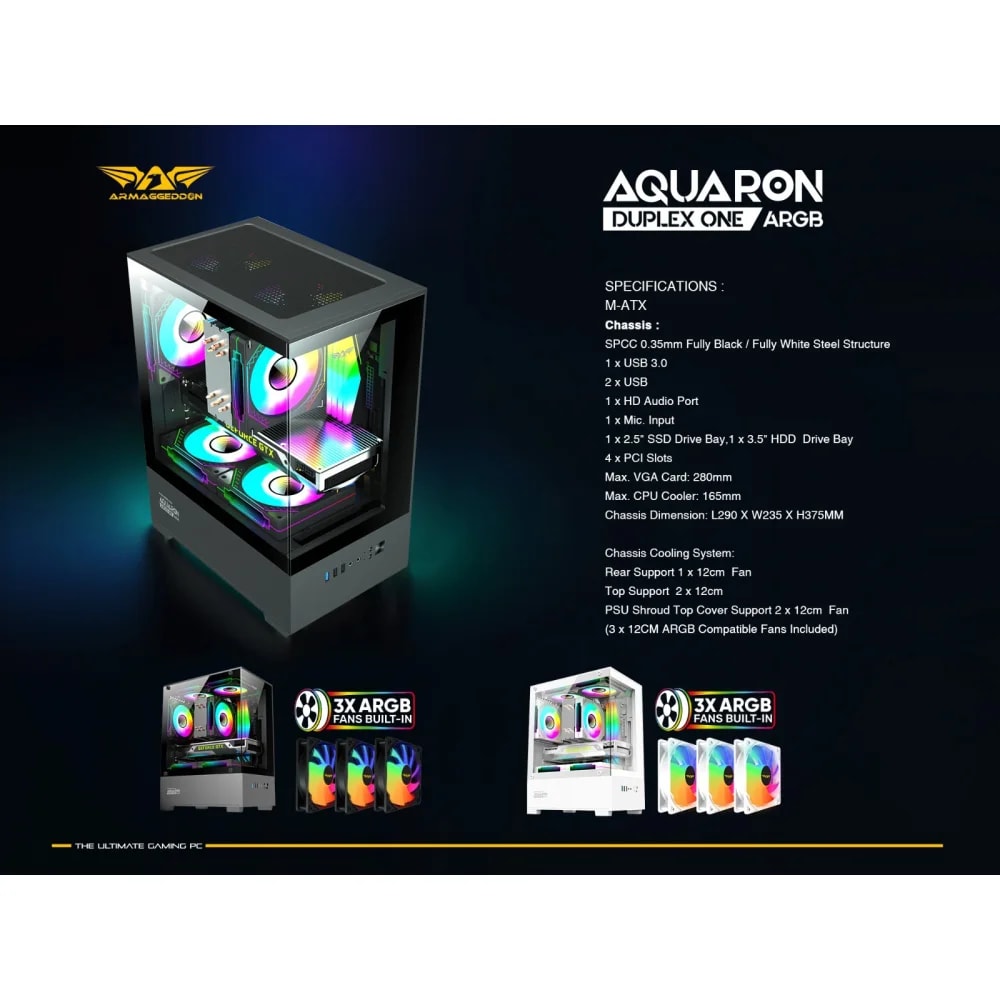 PC CHASIS ARMAGGEDDON AQUARON Duplex ONE WHITE ARGB / M-ATX / Chassis Dimension: L290 X W235 X
