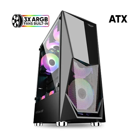 PC Chasis Armaggeddon Tritron 1 Black Con Panel De Vidrio Templado IMP Incluye 3 Fans ARGB