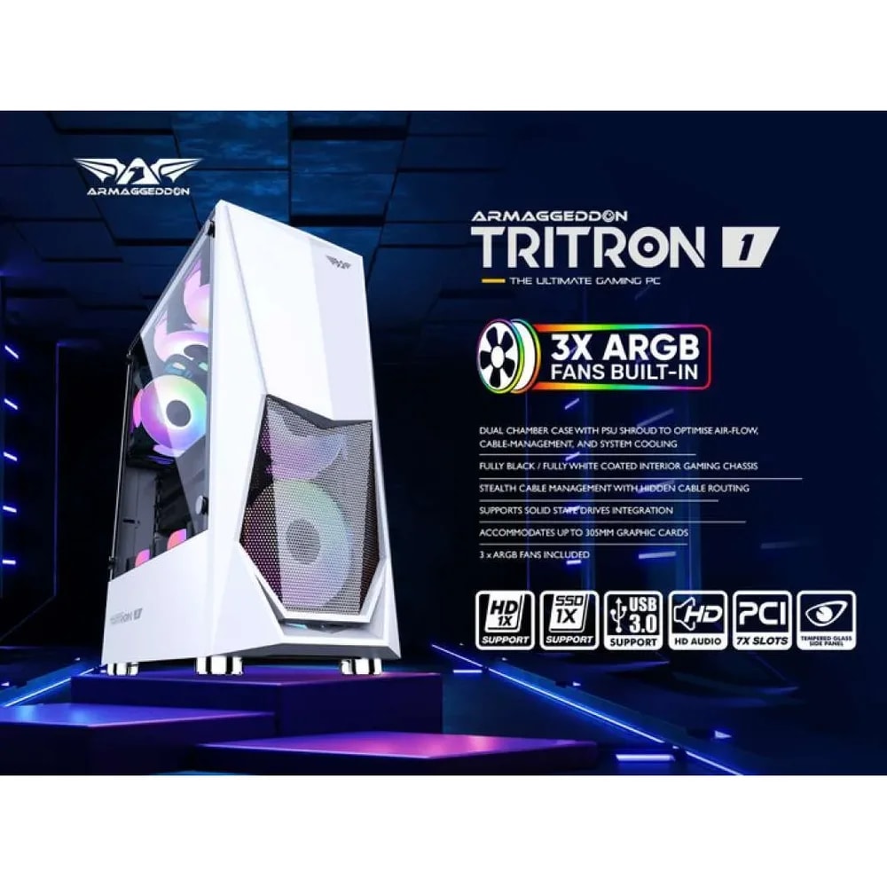 PC Chasis Armaggeddon Tritron 1 White Con Panel De Vidrio Templado IMP Incluye 3 Fans ARGB