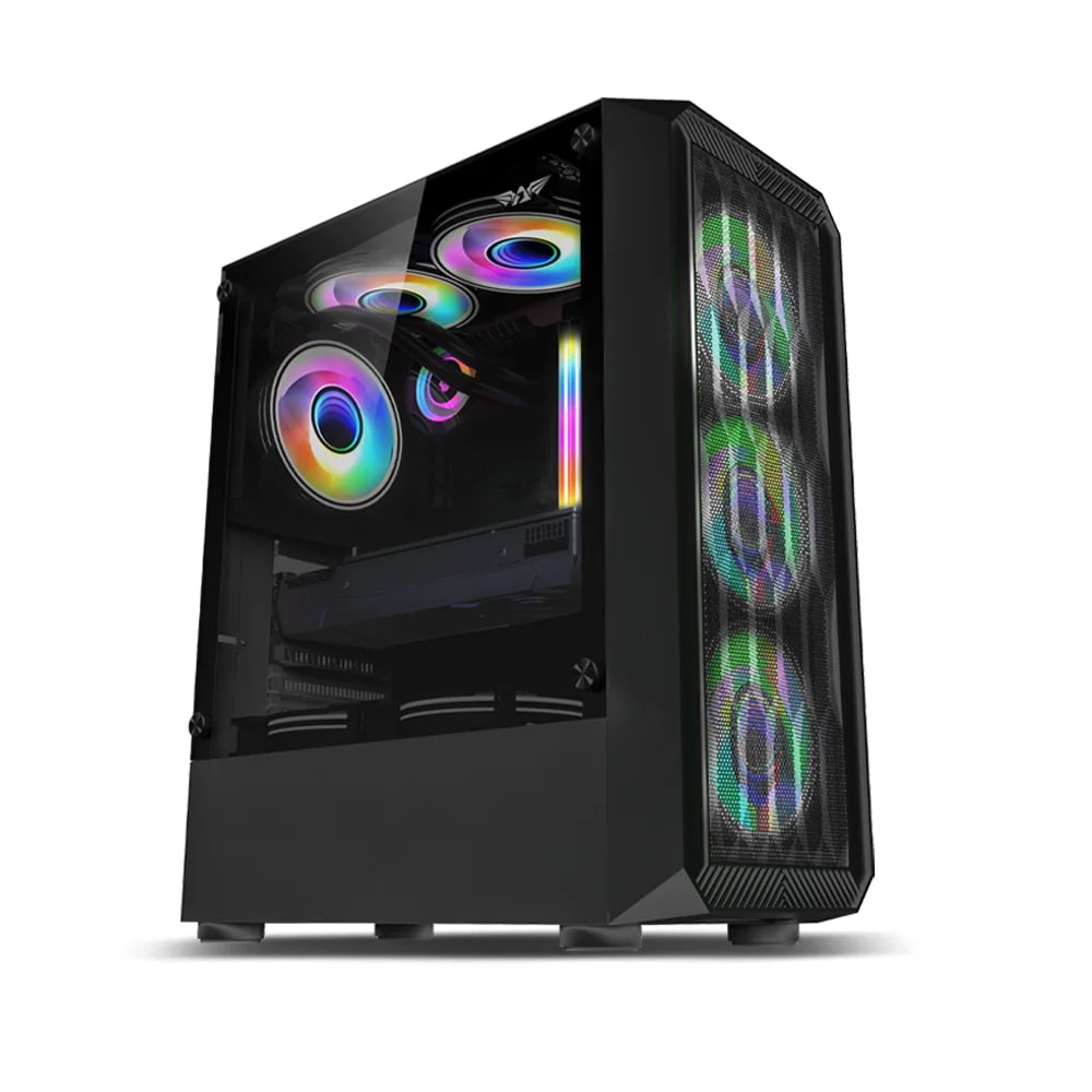 PC Chasis Armaggeddon Tritron 3 Black Con Panel De Vidrio Templado IMP Incluye 3 Fans ARGB