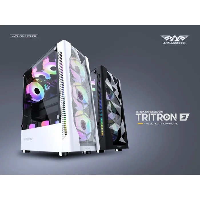 PC Chasis Armaggeddon Tritron 3 White Con Panel De Vidrio Templado IMP Incluye 3 Fans ARGB