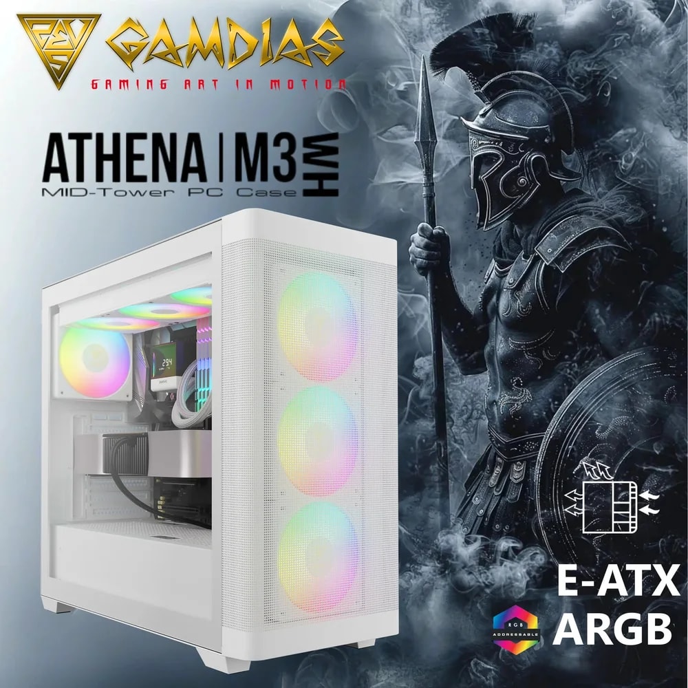 CASE GAMDIAS ATHENA M3 WHITE • Advanced Mesh Front Panel for Optimal Ventilation • Supports Dual