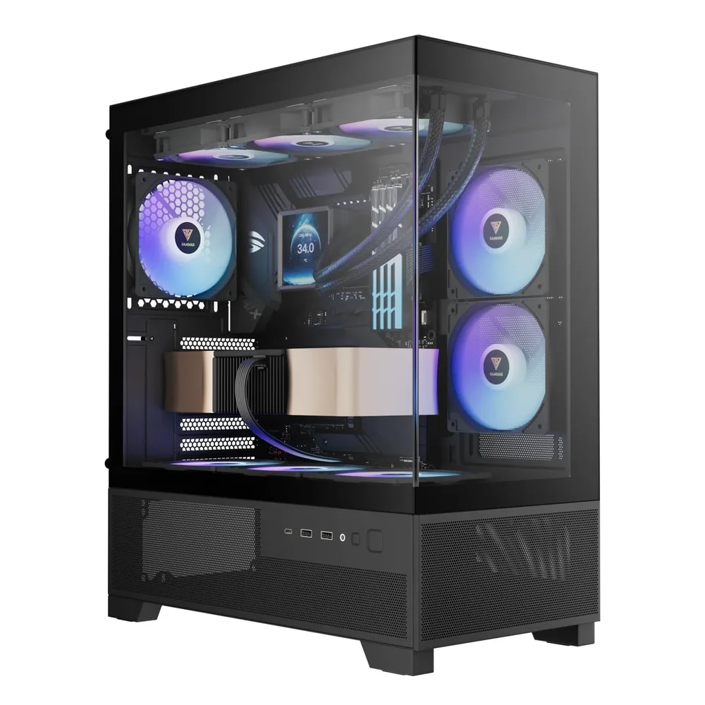 CASE GAMDIAS AURA GC12 ARGB • Pantalla de vidrio templado sin bordes • 6 ventiladores ARGB de 120