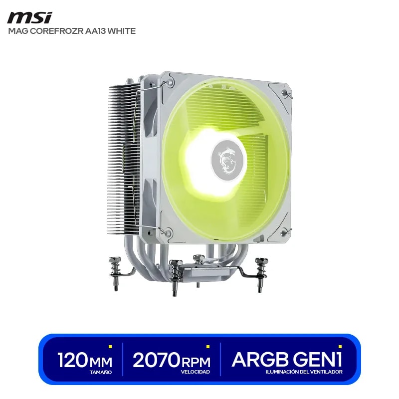 COOLER INTERNO PARA PC MSI MAG COREFROZR AA13 WHITE // DIMENSIONES 120 x 120 x 25 mm / 4,7 x 4,7 x