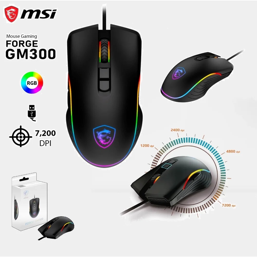Mouse Optico MSI Forge GM300, USB 2.0, 5-Mode RGB, 1200 / 2400 / 4800 / 7200, Micro Switch, 10
