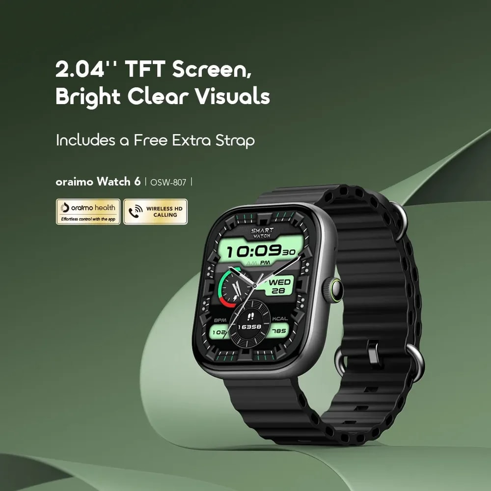 oraimo Watch 6 Pantalla: TFT de 2,04 pulgadas; Versión de Bluetooth: V5.3; Material: