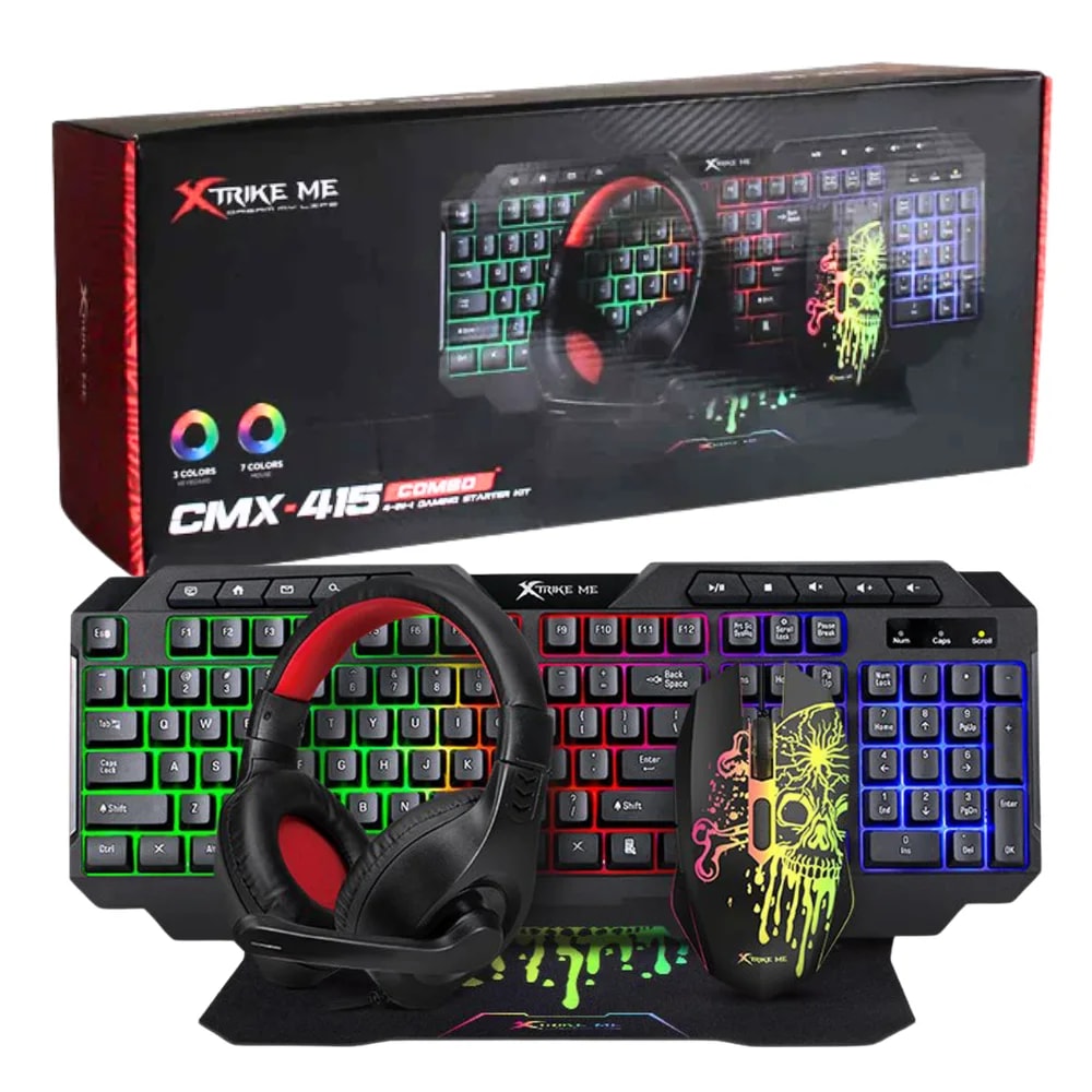 COMBO 4 en 1 XTRIKE ME CMX-415 / ILUMINACION RGB (TECLADO ESPAÑOL 114 TECLAS + MOUSE 8000DPI +
