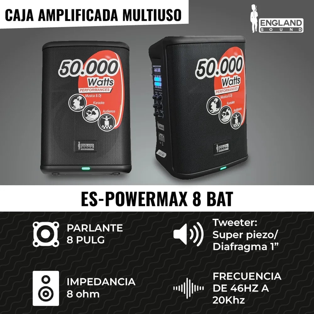Parlante Portatil England Sound Es-powermax 8-BAT 100 W RMS / 120000 Pmpo 8" Bluetooth USB