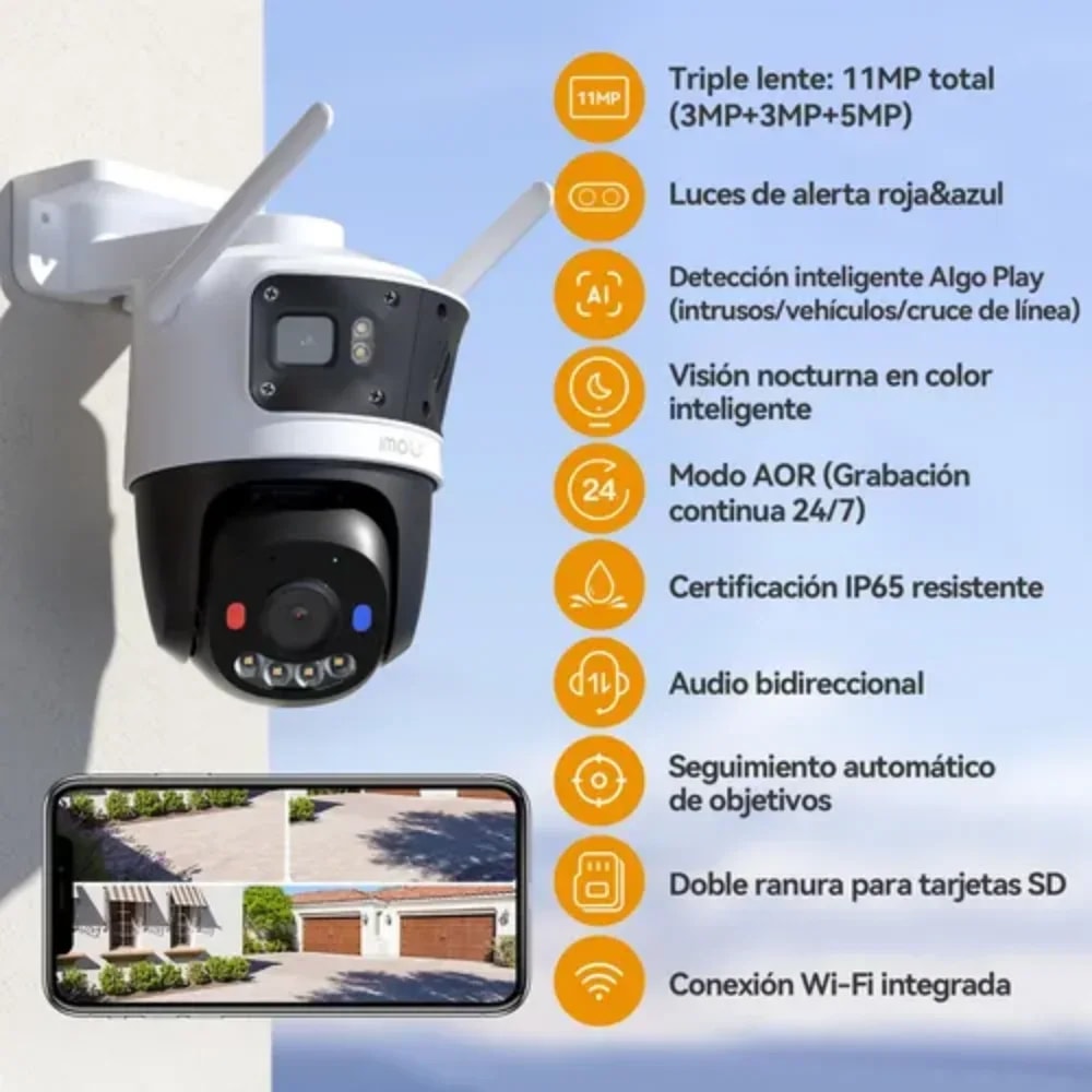 Cámara Triple Lente IP PT 11MP Cruiser Triple Lente (3MP 2 Lentes Fijos / 5MP Lente PT) Imou Cámara