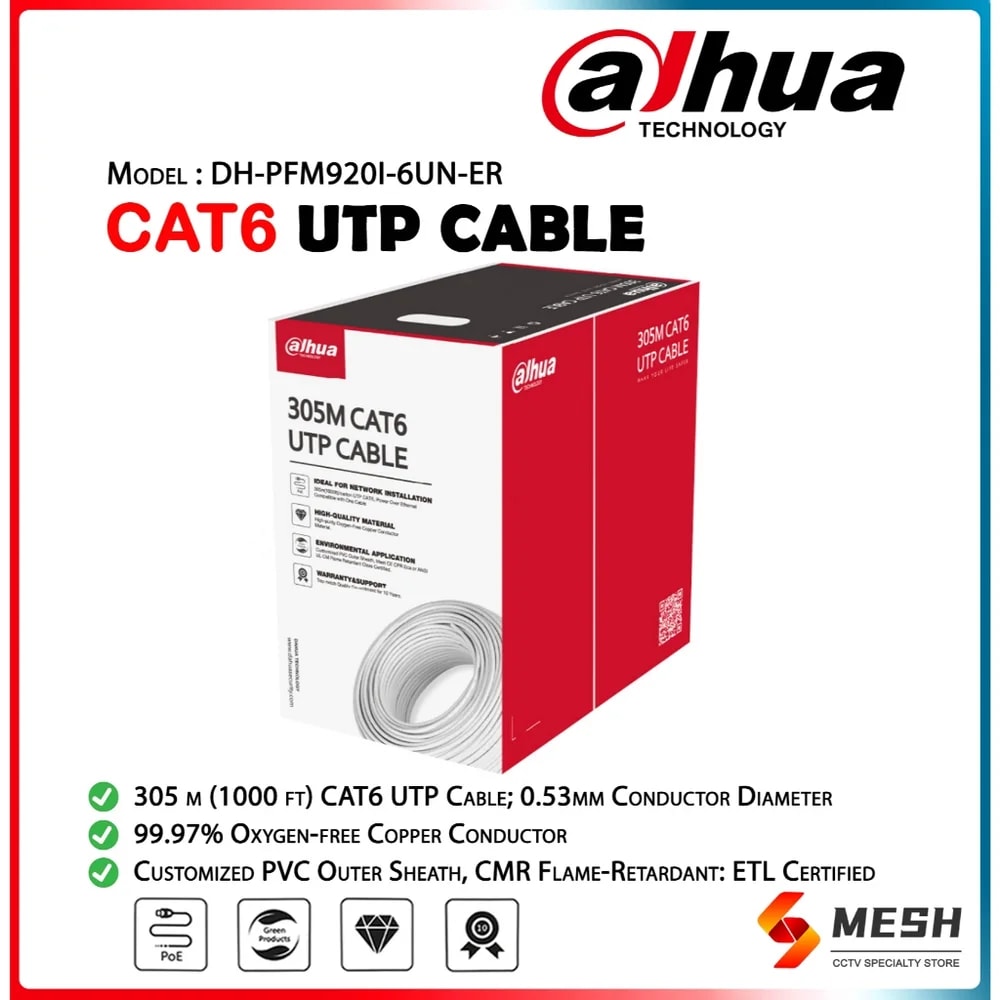Cable UTP CAT6 Int. Dahua 305M Cobre 100% 24AWG Chaqueta Blanca Gigabit Ethernet DH-PFM920I-6UN-CN