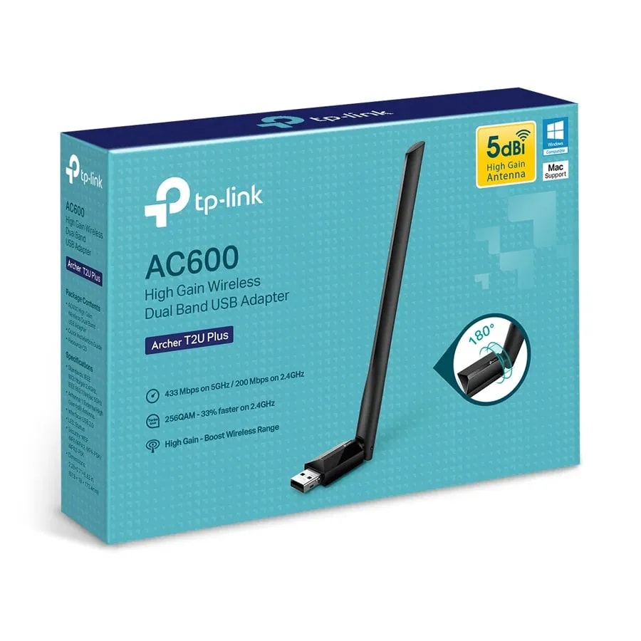 Adaptador WIFI TP-Link Archer T2U Plus AC600 Dual Band 2.4GHZ: 200MBPS Y 5GHZ: 433MBPS 1 Ant. 180°