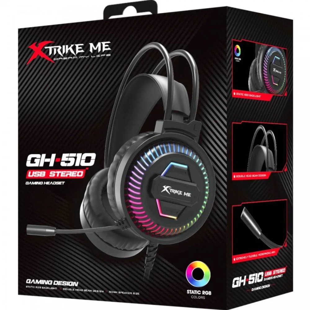 Open BOX Headphone Xtrike ME GH-510 BK Microfono RGB Estatico Interfaz USB