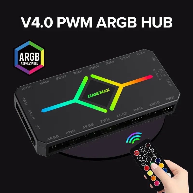 Hub Controlador Argb+pwm GAMEMAX V4.0 BK Diseño Magnetico Sync With Asus, Msi, Gigabyte, Asrock