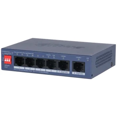 Switch POE Dahua 4* Puertos Gigabit POE (36W) 2*UPLINK Gigabit Capa 2, Ideal Cam. 4K, POE Hasta