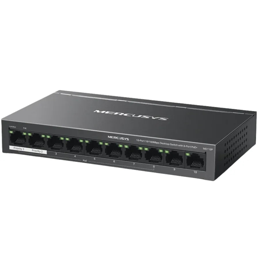 Switches Mercusys MS110P 10 / 8 Puertos POE / Fast Ethernet / Alcance Hasta 250M Transmision POE