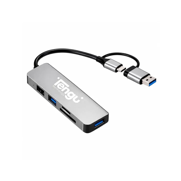 HUB 5 En 1 Dual USB3.0 - Usb-c With 3USB SD uSD Silver