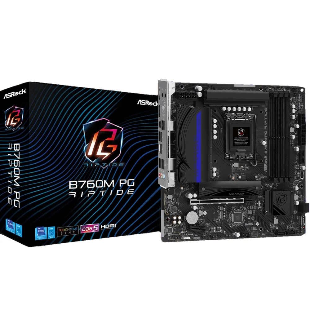 Mainboard Asrock B760M PG Riptide 14va. LGA1700 4DDR5 WIFI HDMI DP M.2 13USB 4SATA3 PCIE4.0 mATX