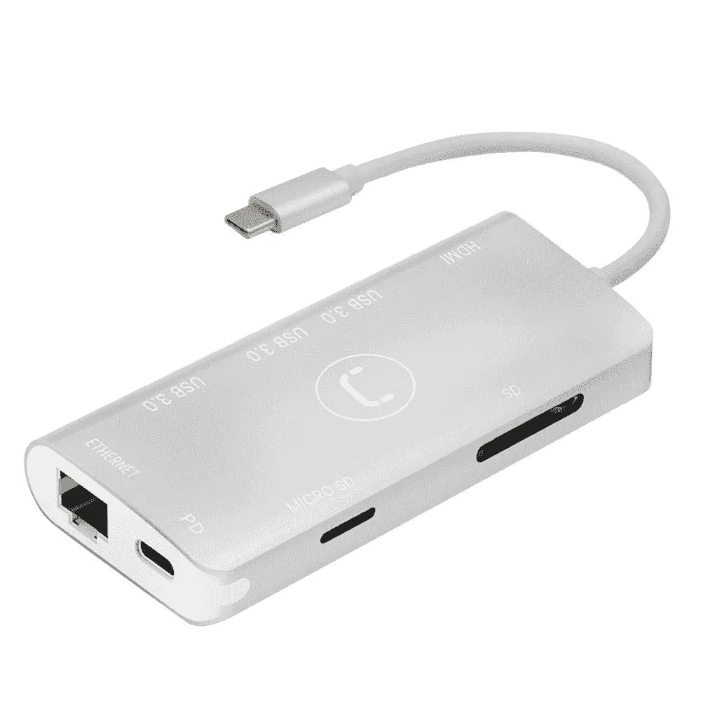 Hub Unno tekno HB1108SV tipo C 8 en 1 HDMI 3 USB 3.0 Micro SD-SD RJ45 Power Delivery