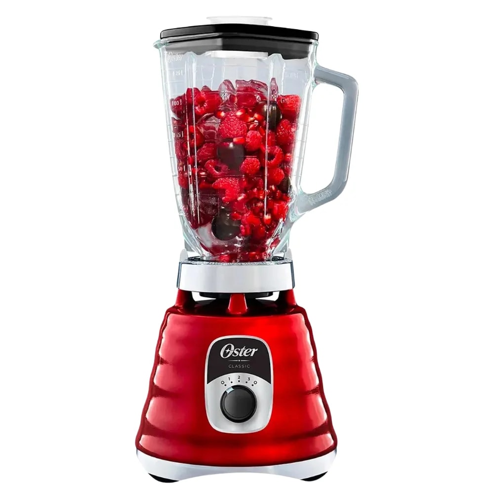 Licuadora clásica Oster cromada con perilla ergonómica de 3 velocidades roja