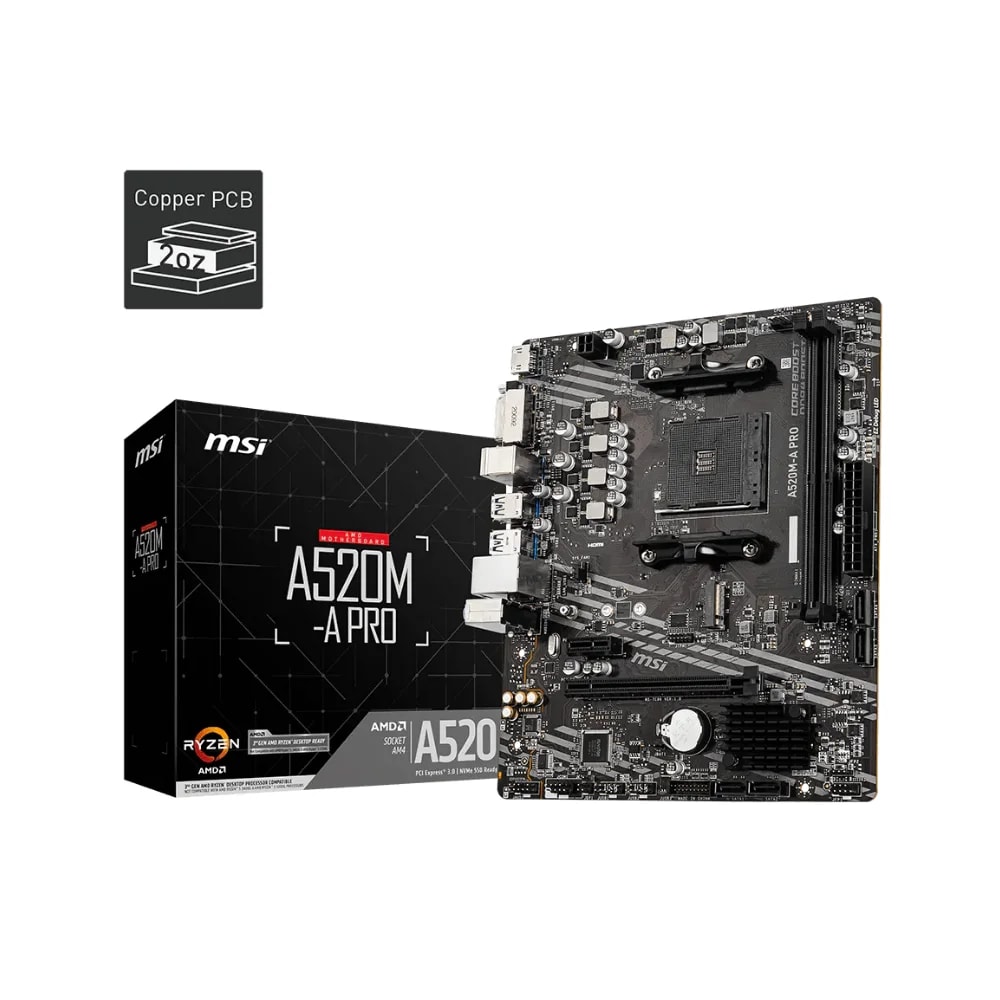 Mainboard MSI PRO A520M-S AM4 2 slots HDMI DVI DP 10/100/1000 ATX