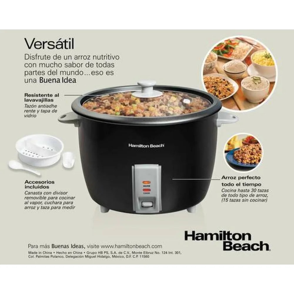 Olla arrocera Hamilton Beach 37550 de gran capacidad para 30 tazas negra