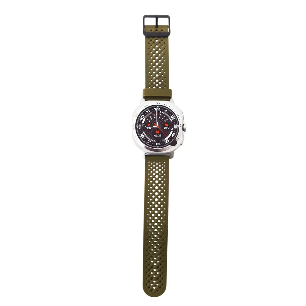Reloj smart RCA AM32 Traker 1.43″ esfera color plateada con brazalete verde