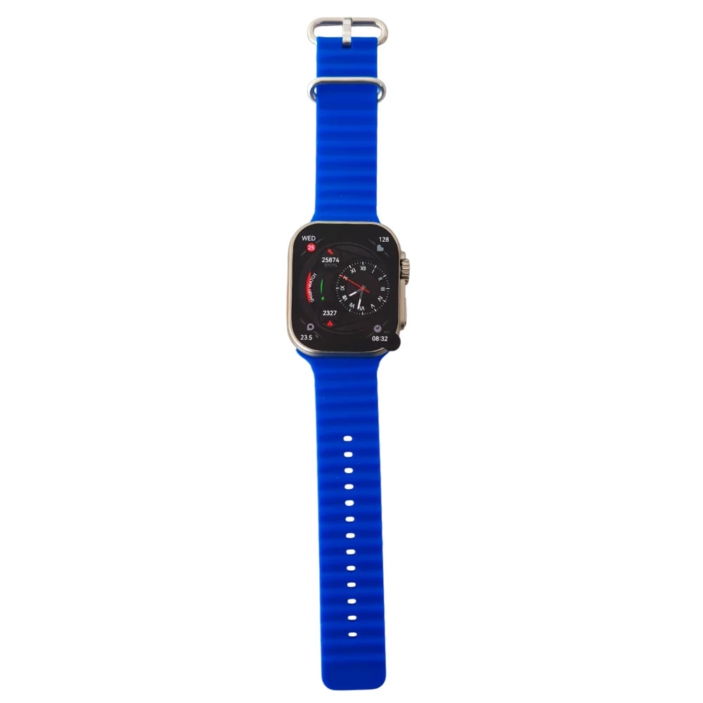Reloj smart RCA A8 plus ultra 1.96″ esfera color plateada con brazalete azul