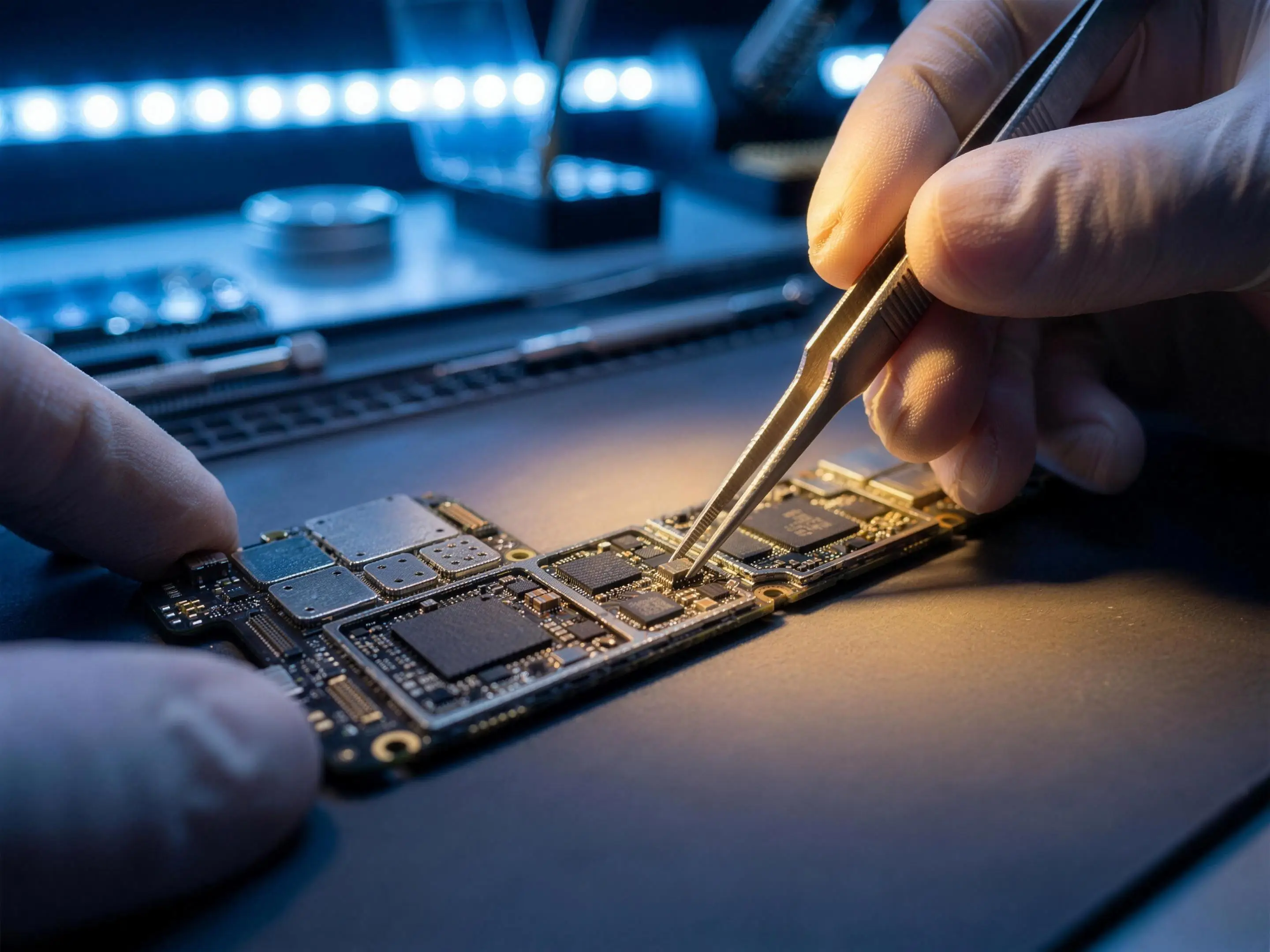 Técnico Yanz reparando una placa de smartphone con herramientas de precisión