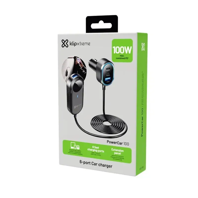 Cargador de carro klip xtreme 100W extension carga rapida hasta laptop 4 USB tipo con 2 USB tipo A